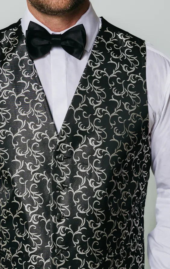 Black/Silver Edwardian Swirl Jacquard Waistcoat thumbnail 3