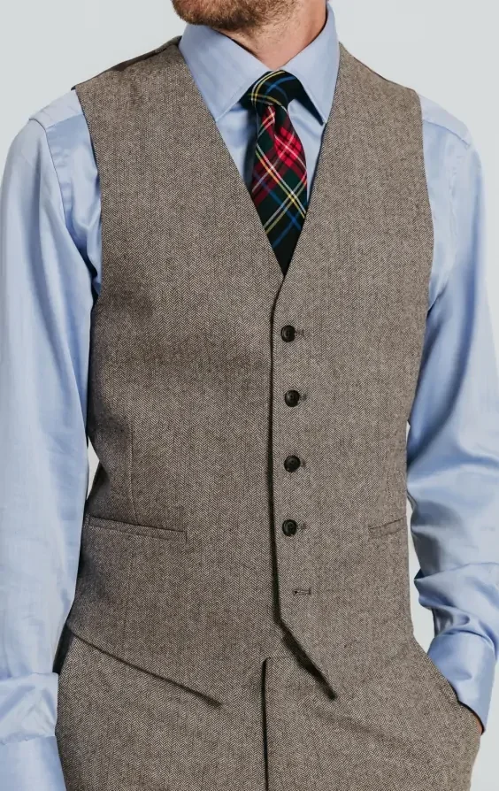 Brown Herringbone Tweed Waistcoat thumbnail 3