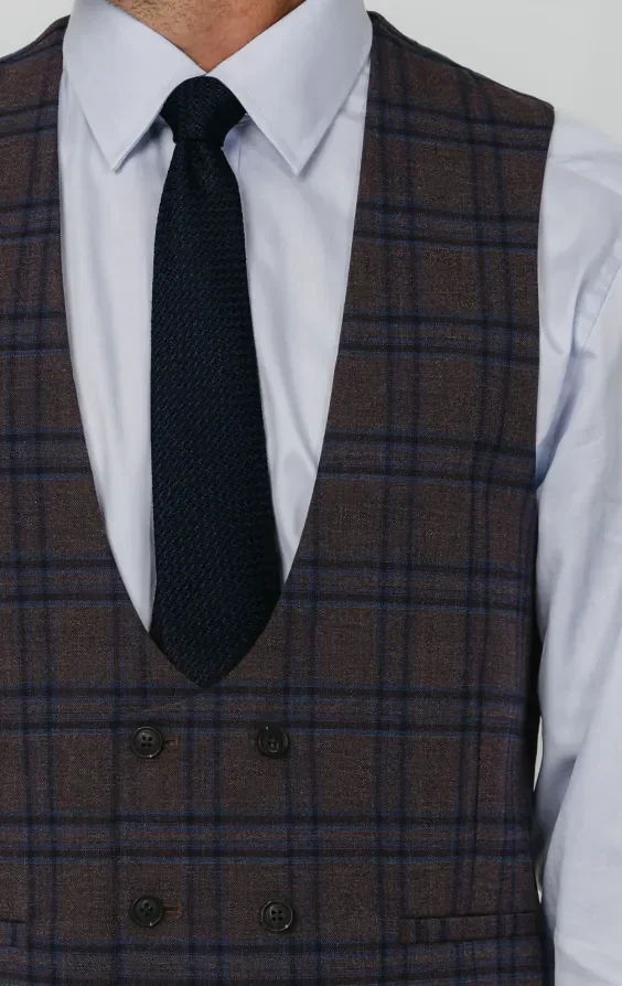 Burgundy with Blue Windowpane Check Double Breasted Waistcoat thumbnail 3