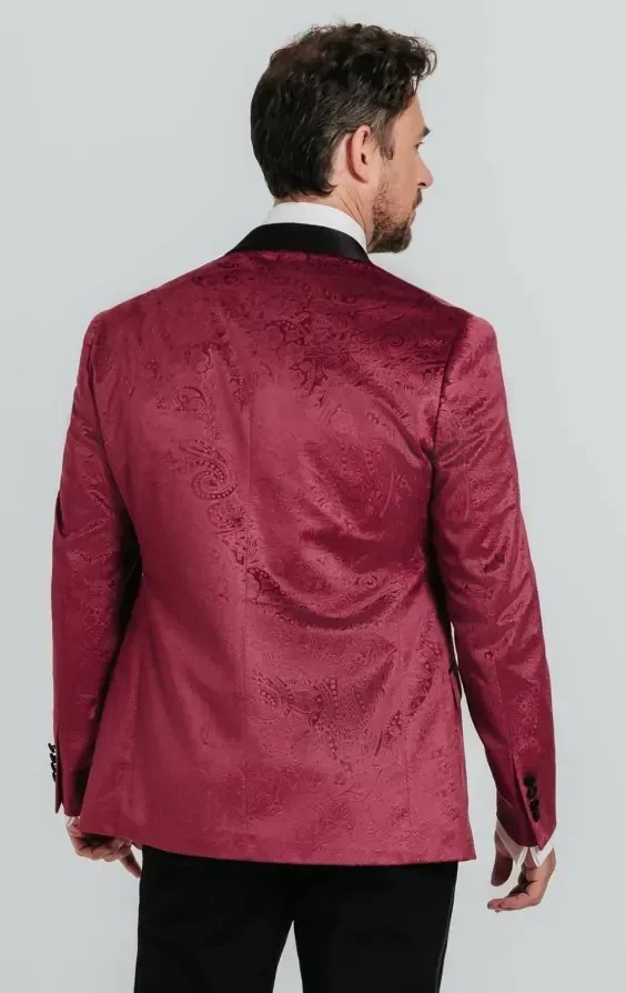Burgundy Paisley Velvet Tuxedo with Black Trousers thumbnail 4