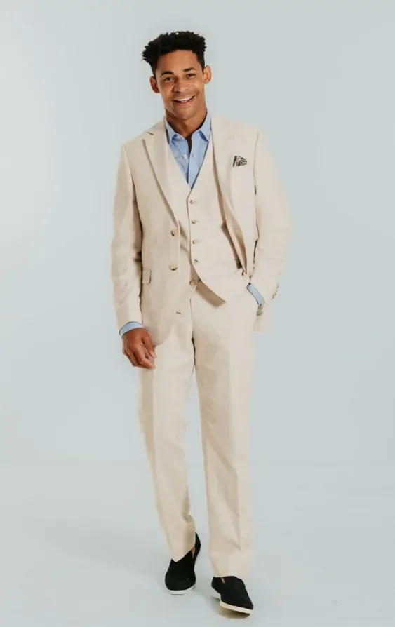 Cream Linen Slim Fit 3 Piece Suit thumbnail 3