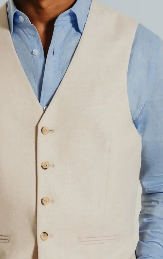 Cream Linen Slim Fit Waistcoat thumbnail 3