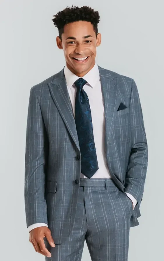 Light Blue Check Suit Jacket with Peak Lapel thumbnail 2