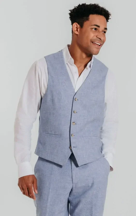 Light Blue Linen Waistcoat thumbnail 2