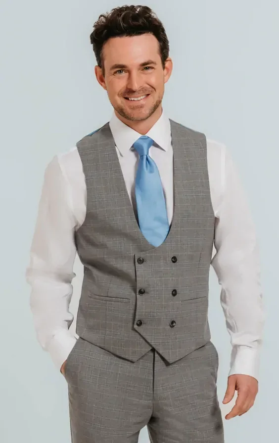 Light Grey Check Double Breasted Waistcoat thumbnail 2