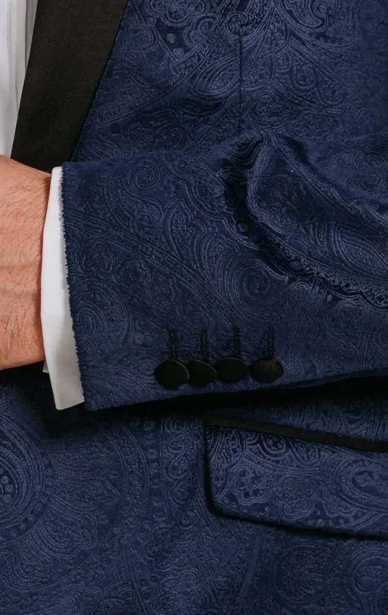 Navy Paisley Velvet Tuxedo with Black Trousers thumbnail 5