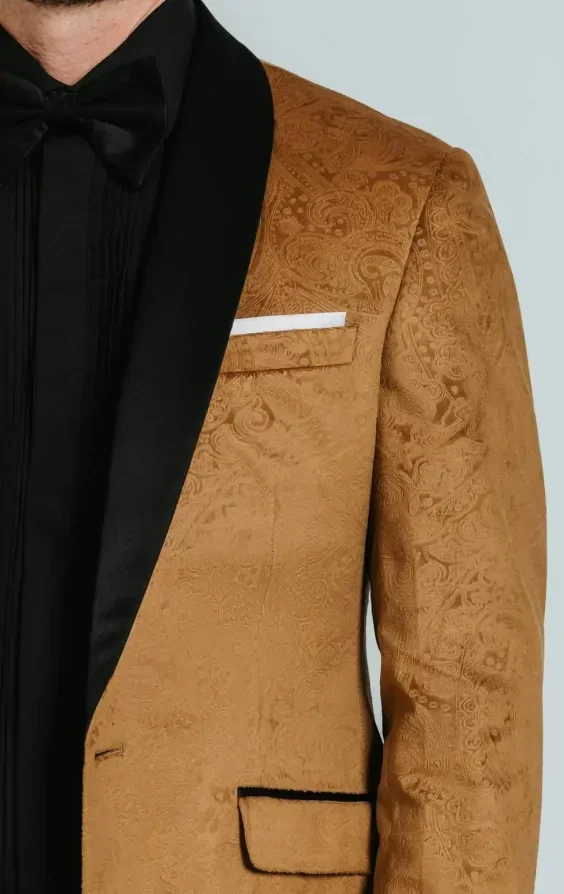 Gold Paisley Velvet Tuxedo with Black Trousers thumbnail 6