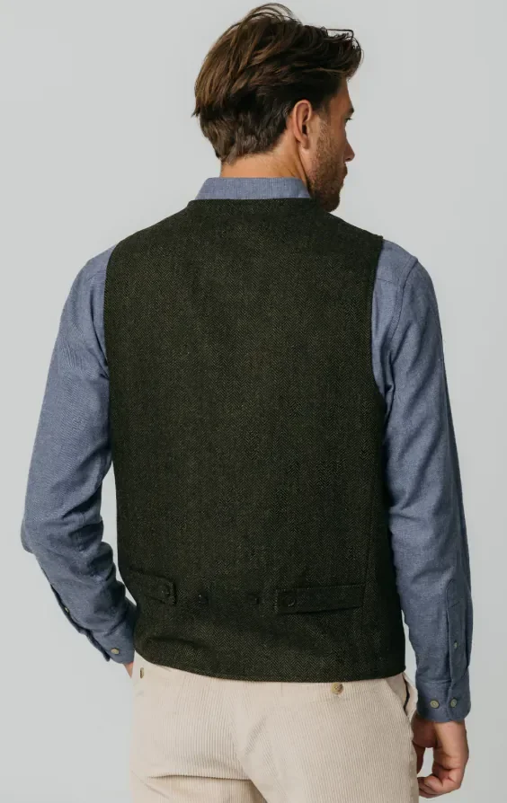 Green Herringbone Tweed Waistcoat with Patch Pockets thumbnail 5