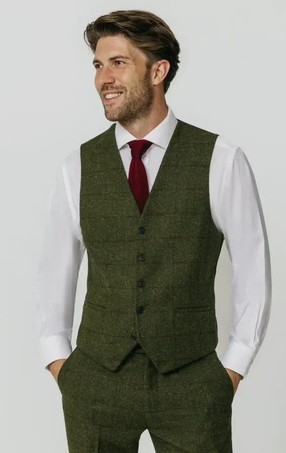 Green Windowpane Check Tweed Waistcoat thumbnail 2