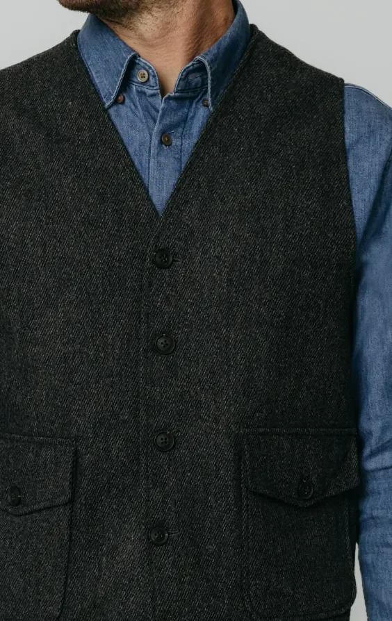 Grey Barleycorn Tweed Waistcoat with Patch Pockets thumbnail 3