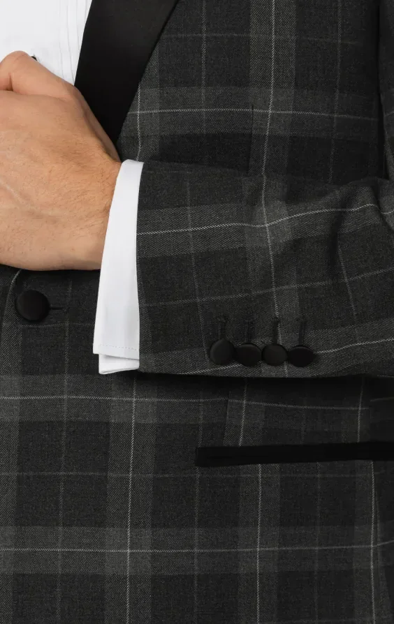 Grey Tartan Check 3 Piece Tuxedo with Peak Lapel thumbnail 5