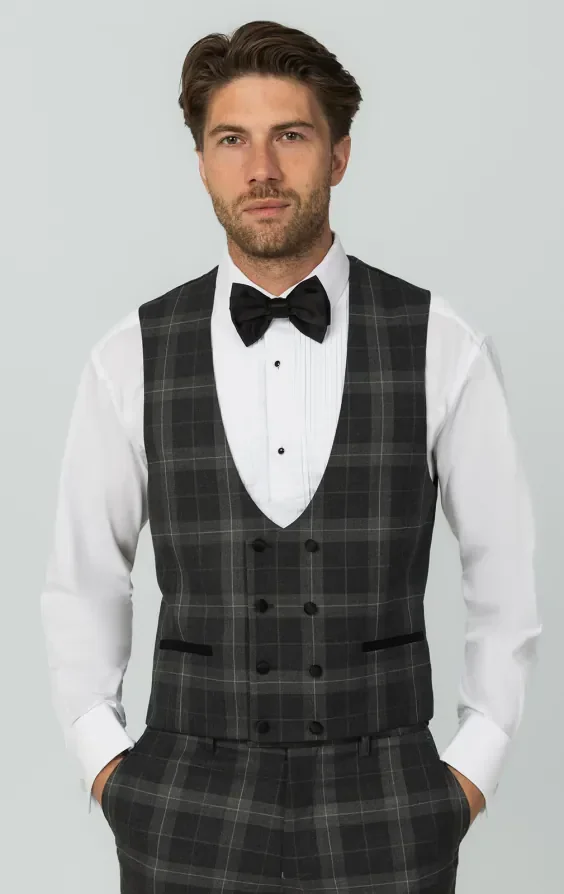 Grey Tartan Check 3 Piece Tuxedo with Peak Lapel thumbnail 10