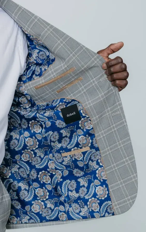 Grey with Tan Check Suit Jacket with Peak Lapel thumbnail 6