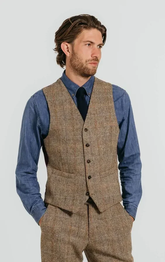Harris Tweed Brown Windowpane Tweed Waistcoat thumbnail 2