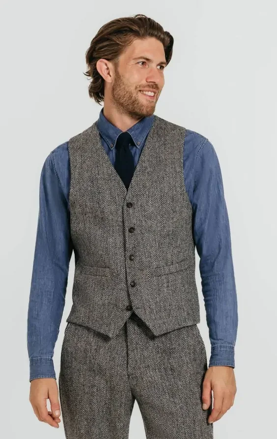 Harris Tweed Grey Herringbone Waistcoat thumbnail 2