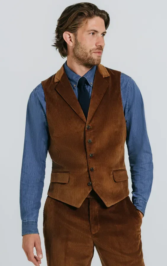 Mid Brown Corduroy Waistcoat with Notch Lapel primary image