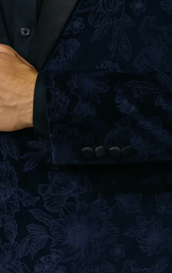 Navy Floral Jacquard Velvet Tuxedo Jacket thumbnail 4