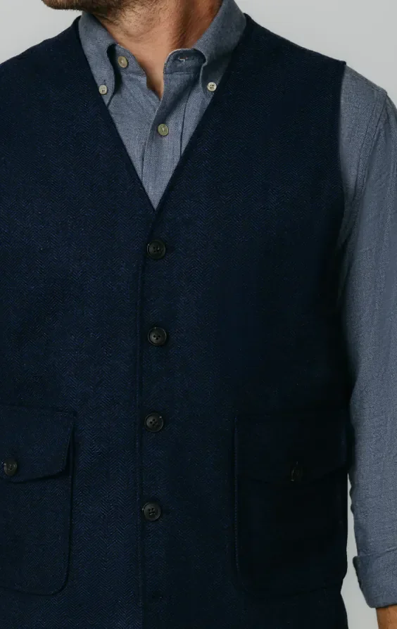 Navy Herringbone Tweed Waistcoat with Patch Pockets thumbnail 4