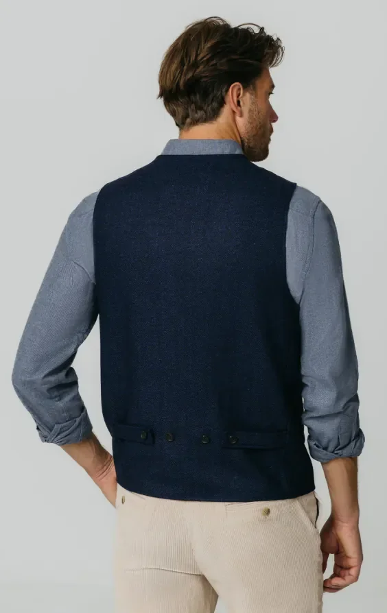 Navy Herringbone Tweed Waistcoat with Patch Pockets thumbnail 5