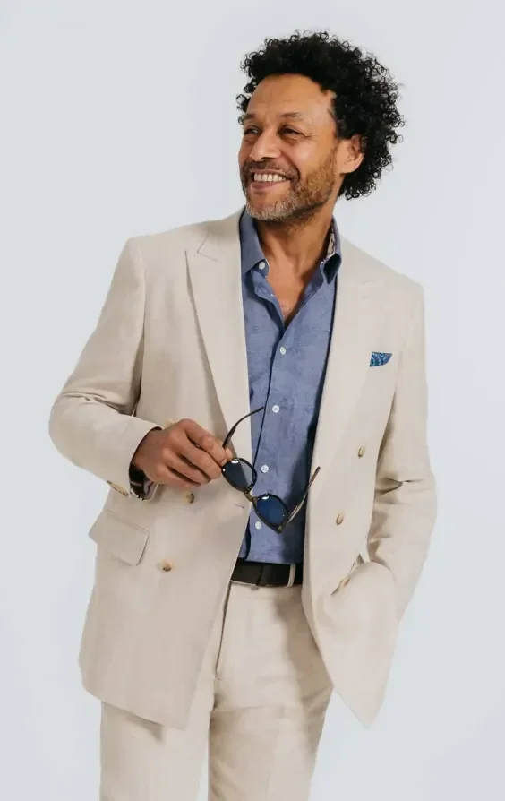 Oatmeal Linen Herringbone Double Breasted Suit Jacket with Peak Lapel thumbnail 2