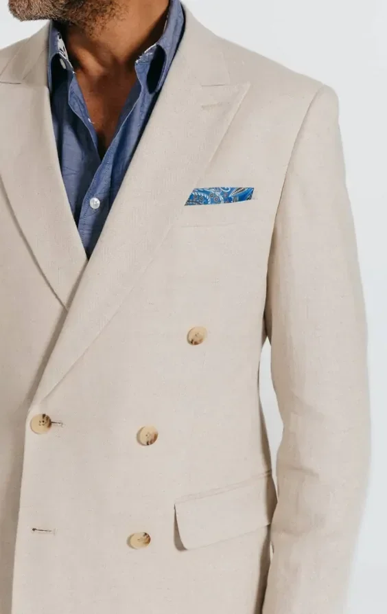 Oatmeal Linen Herringbone Double Breasted Suit Jacket with Peak Lapel thumbnail 5