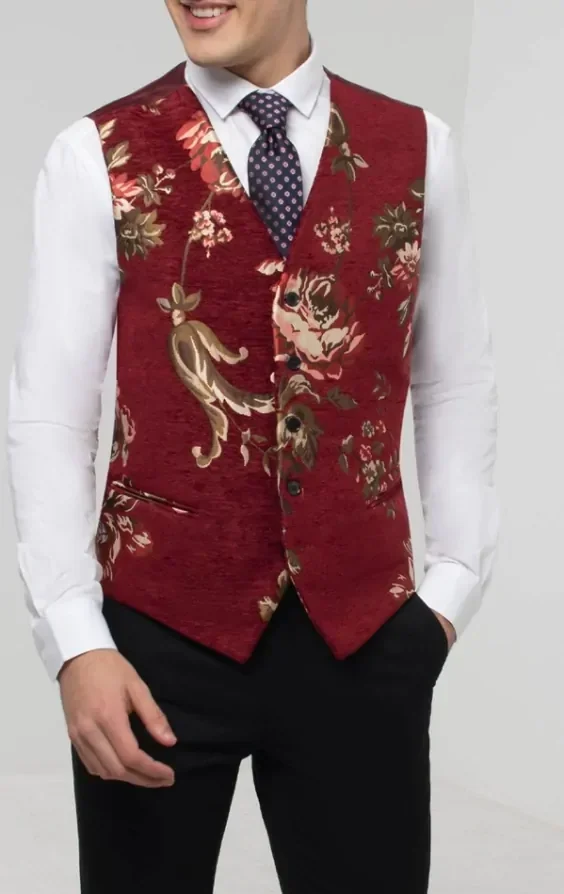 Red Floral Brocade Waistcoat thumbnail 2