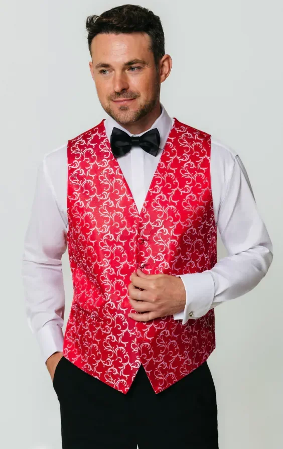 Red/Silver Edwardian Swirl Jacquard Waistcoat thumbnail 2