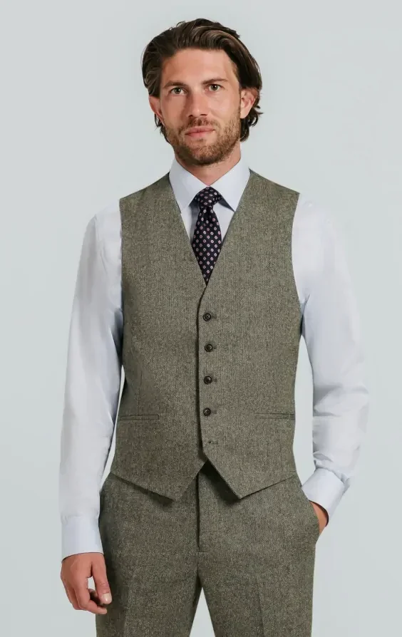 Sage Green Herringbone Tweed Waistcoat thumbnail 2