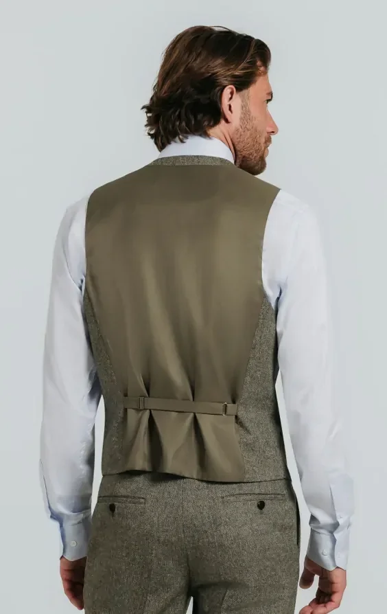 Sage Green Herringbone Tweed Waistcoat thumbnail 4